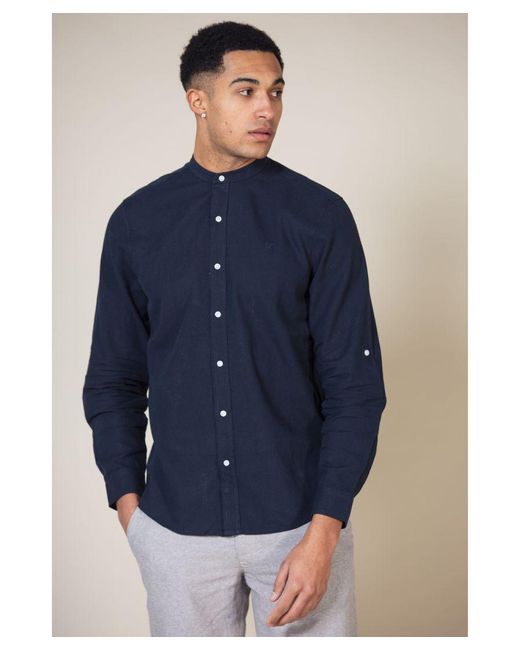 Nines Blue 'Jadran' Linen Blend Long Sleeve Button-Up Shirt With Grandad Collar for men