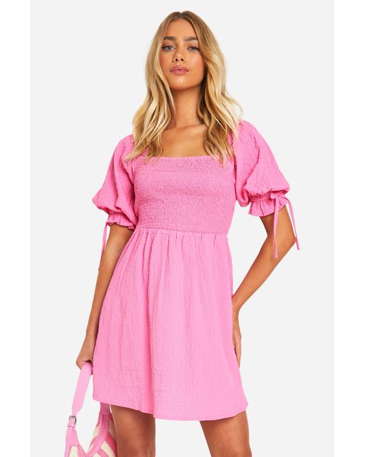Boohoo Pink Textured Puff Sleeve Smock Dress