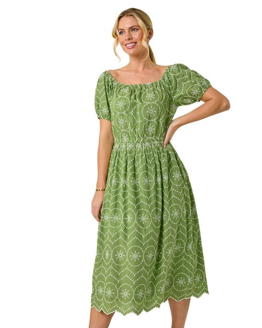 Roman Green Petite Contrast Embroidery Dress