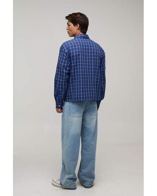 BoohooMAN Blue Oversized Boxy Midi Grid Long Sleeve Check Shirt for men