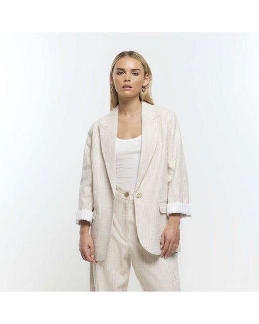 River Island White Blazer Petite Rolled Sleeve With Linen Cotton