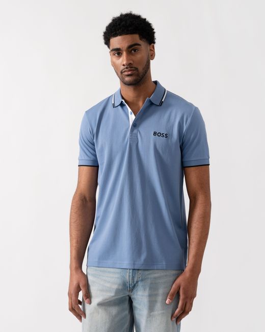Boss Blue Paddy Pro Cotton Blend Polo Shirt With Contrast Logos for men