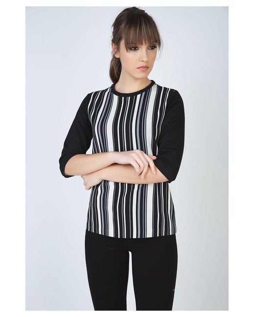 Conquista White Striped Top With Elbow Sleeves And Round Neckline By Fashion Viscose