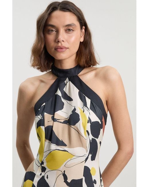 Karen Millen White Abstract Print Viscose Linen Woven Halter Neck Maxi Dress