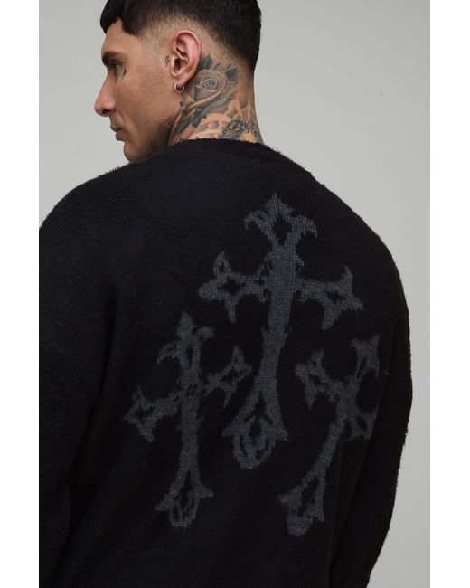 BoohooMAN Blue Tall Relaxed Boxy Brushed Gothic Cross Knitted Cardigan for men