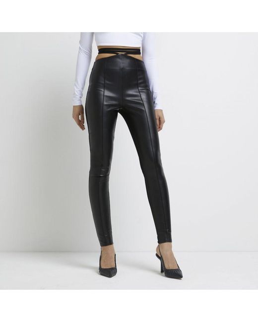 River Island White Skinny Trousers Black Faux Leather Strap Viscose