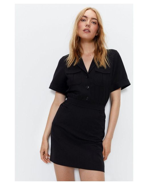 Warehouse Black Tailored Utility Detail Mini Shirt Dress