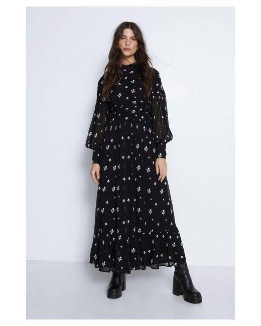 Warehouse Black Embroidered Dobby Ruched Maxi Dress