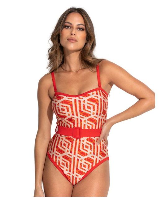 Pour Moi Red 24406 Casablanca Removable Straps Belted Tummy Control Swimsuit