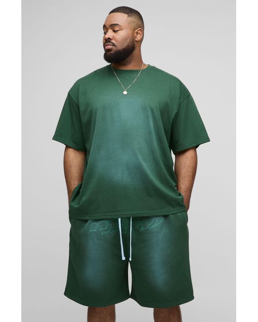BoohooMAN Green Plus Ofcl Applique Spray Wash T-Shirt & Oversized Drop Crotch Short Set for men