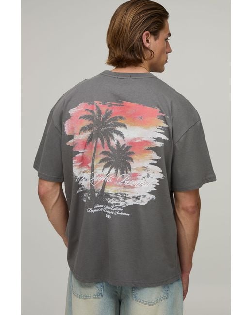 BoohooMAN Gray Oversized Sunset Palm Print T-Shirt Cotton for men