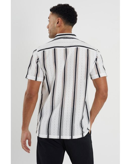 Brave Soul White Knitted Revere Collar Striped Shirt Sleeve for men