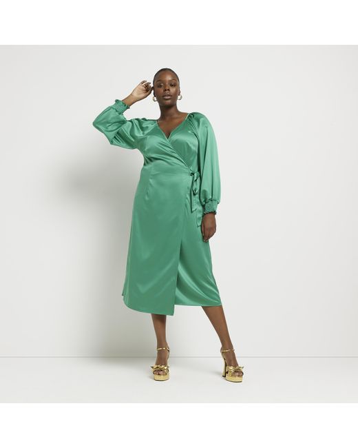 River Island Green Wrap Midi Dress Plus Long Sleeve