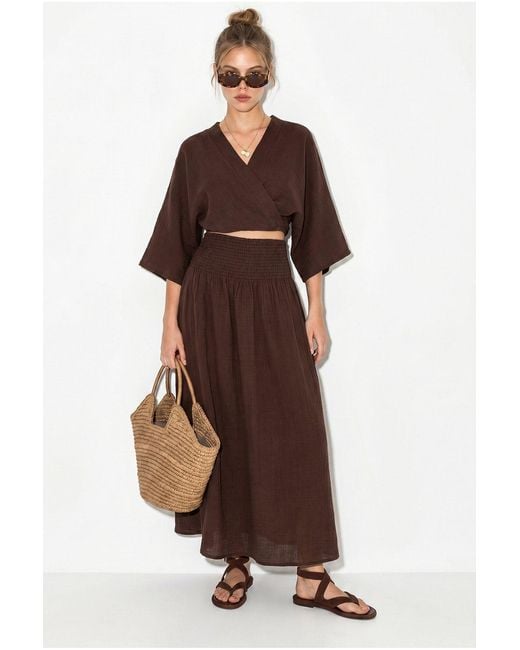 Bianco Lucci Brown Cotton Two-Piece Blouse And Midi Skirt Set