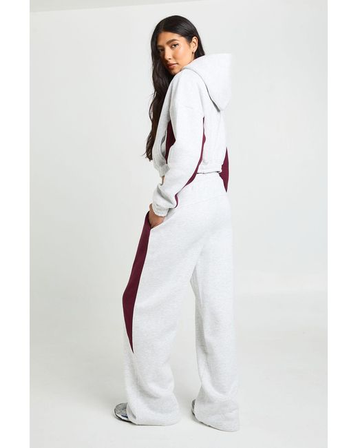 Boohoo White Tall Contrast Panel Zip Through Hoodie Wide Leg Jogger Tracksuit