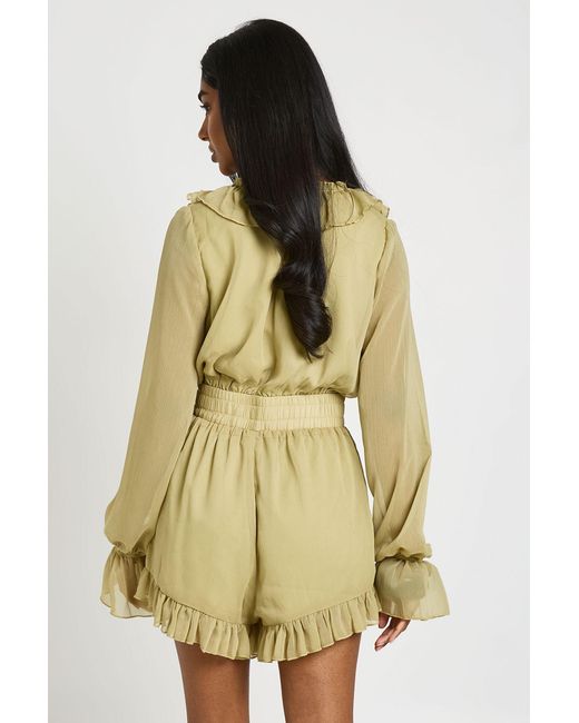 Boohoo Green Ruffle Detail Textured Chiffon Playsuit