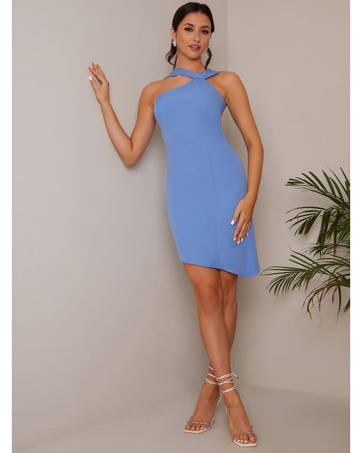 Chi Chi London Blue Asymmetric Halter Bodycon Dress
