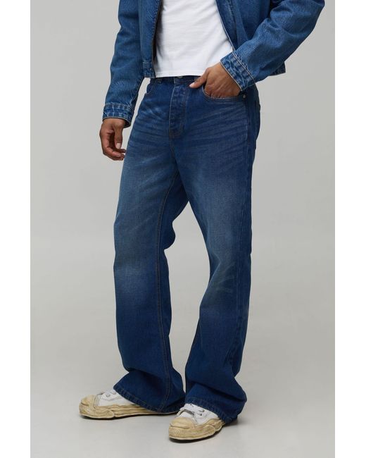 BoohooMAN Blue Pocket Embroidery Rigid Flared Jeans for men