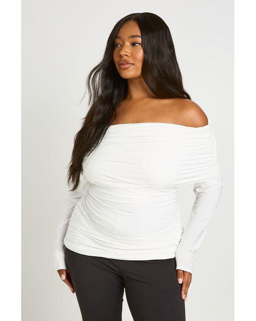 Boohoo White Plus Fold Over Neck Long Sleeve Top