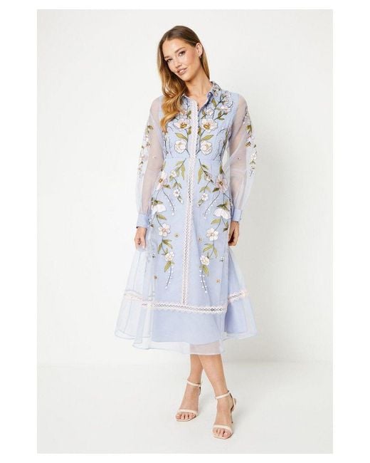 Coast White Embroidered Organza Lace Trim Shirt Dress