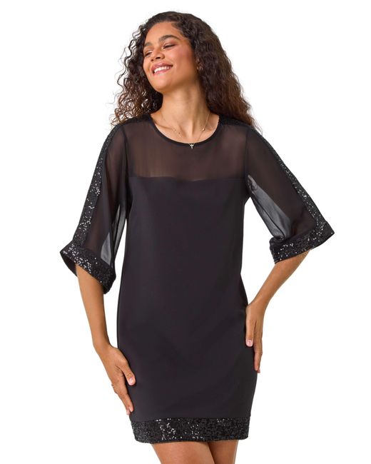 Roman Black Sequin Trim Shift Dress