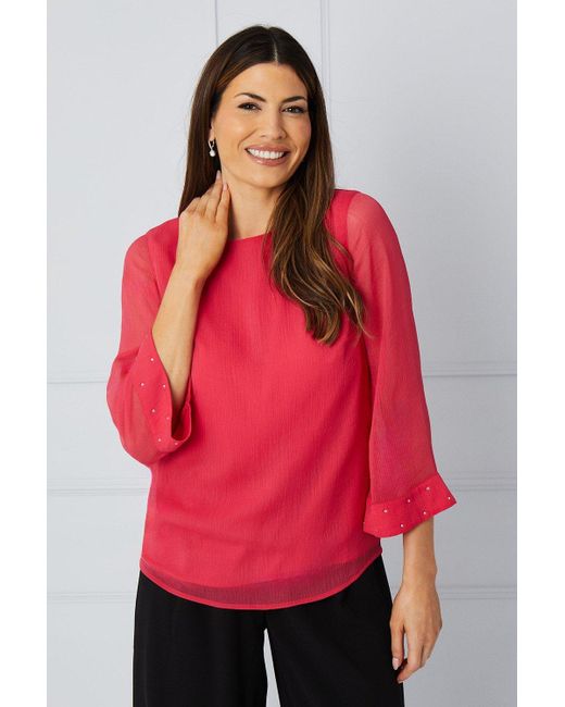 Wallis Red 3/4 Sleeve Hotfix Cuff Overlay Top