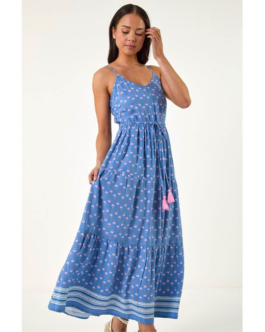 Roman Blue Petite Abstract Print Strappy Maxi Dress