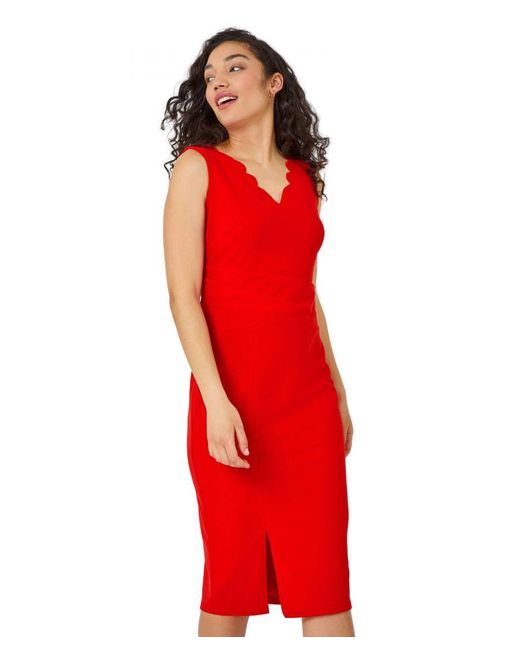 D.u.s.k Red Scallop Detail Midi Stretch Dress