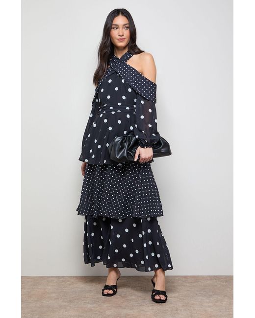 Oasis Blue Printed Halterneck Off The Shoulder Tiered Maxi Dress