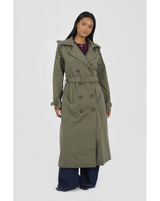 Brave Soul Green Light Double-Breasted Longline Trench Coat With Detachable Hood