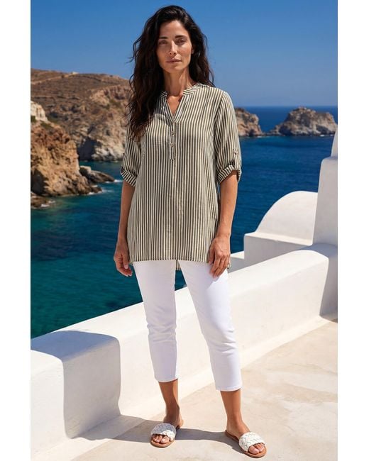 Roman Blue Classic Stripe Button Front Top