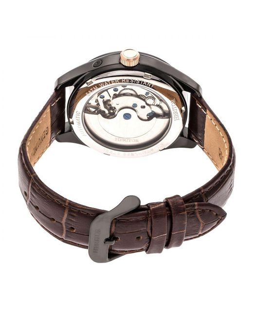 Heritor Brown Sebastian Semi-Skeleton Leather-Band Watch for men