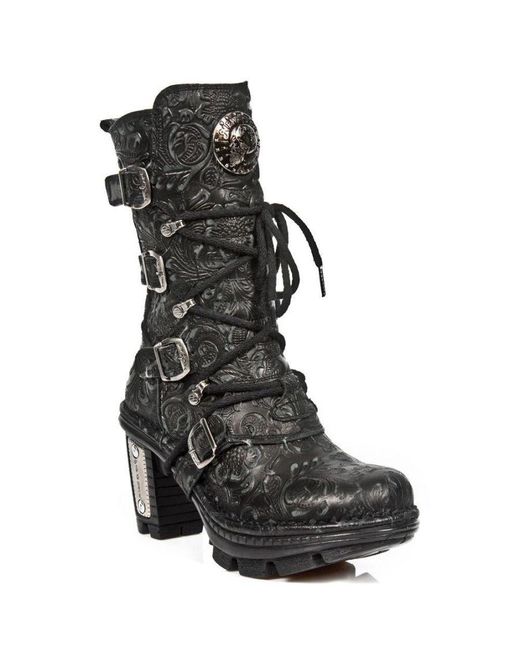 New Rock Black Ladies Floral Gothic Leather Boots- Neotr005-S25