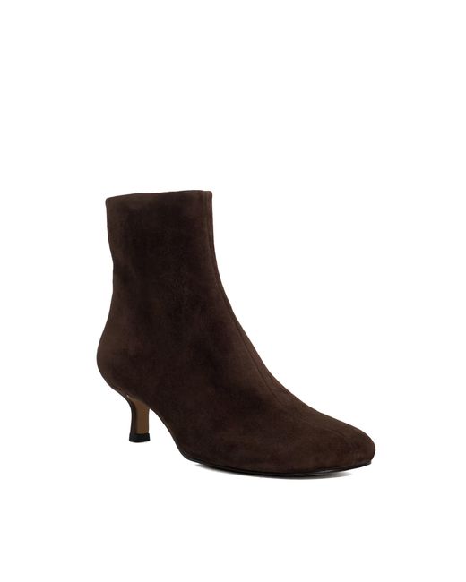 Dune Brown Orina Asymetric Kitten Heel Suede Ankle Boots