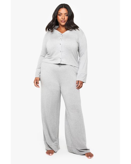 Boohoo Gray Plus Super Soft Modal Long Sleeve Shirt & Trouser Pyjama Set