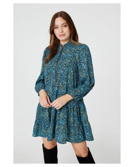 Izabel London Blue Floral Zip Front Short Dress