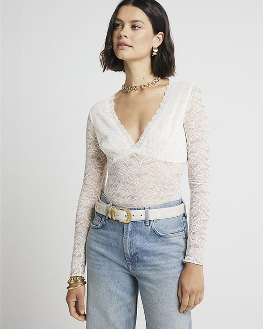 River Island White Bodysuit Plunge Lace Long Sleeve Nylon