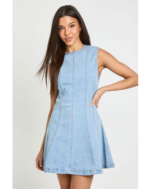 Boohoo Blue Sleeveless Seam Detail Denim Mini Dress