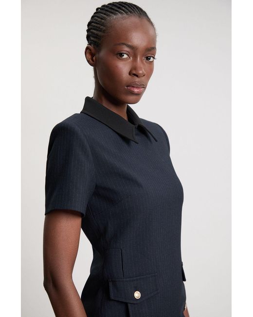 Karen Millen Blue Pinstripe Collared Mini Dress