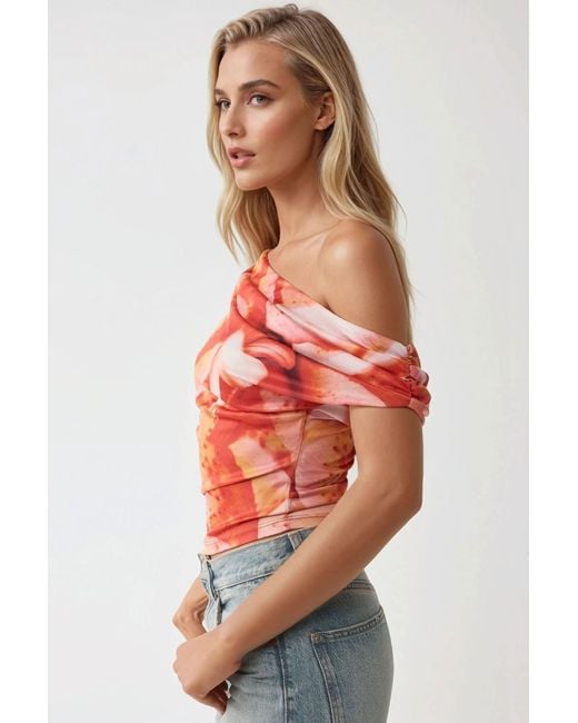 Hiccup Red Abstract Print Asymmetrical Fitted Crop Top