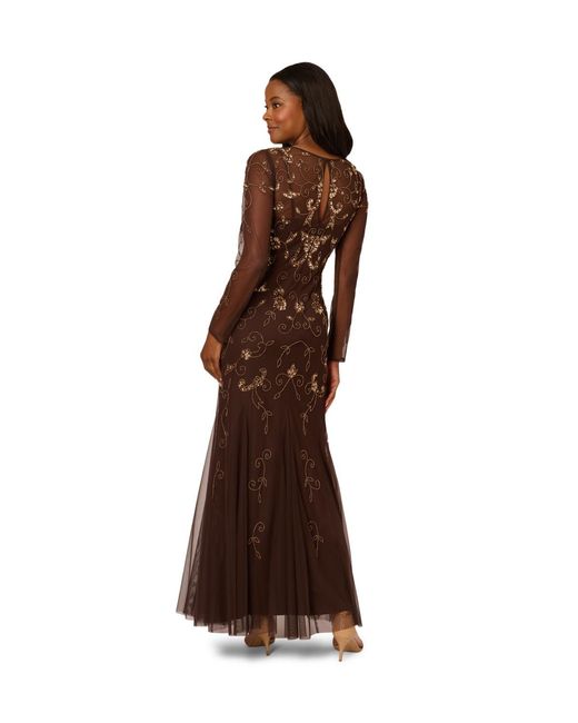 Adrianna Papell Brown Studio Bead Long Sleeve Dress