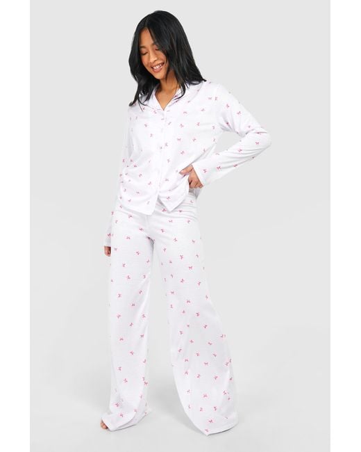 Boohoo White Petite Bow Print Long Sleeve Shirt & Trousers Pyjama Set