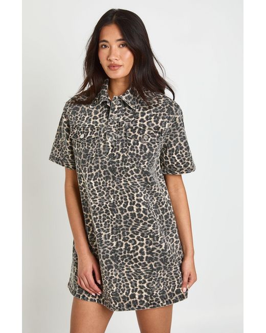 Boohoo Multicolor Print Short Sleeve Denim Dress Cotton