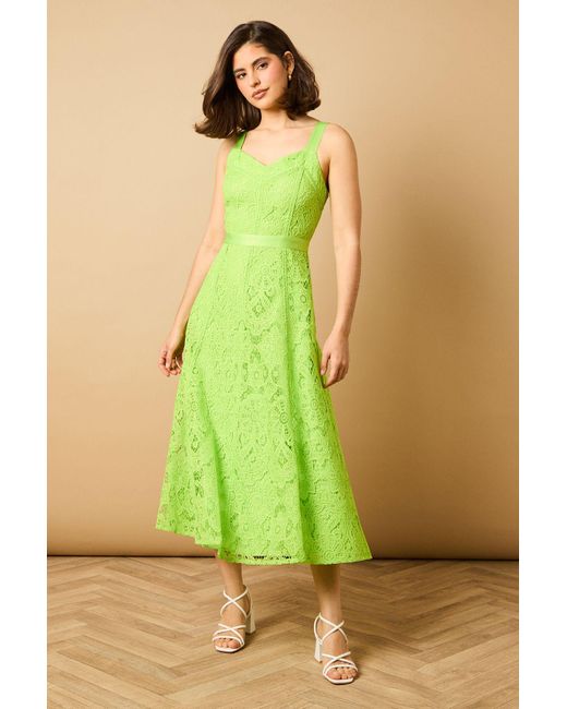 Oasis Floral Lace V Neck Midi Dress in Green | Lyst UK