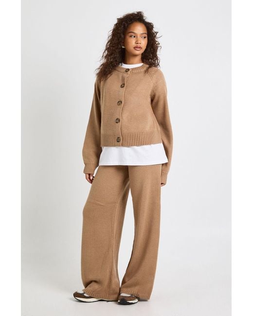 Boohoo White Crew Neck Knitted Chunky Cardigan And Wide Leg Trouser Co-Ord