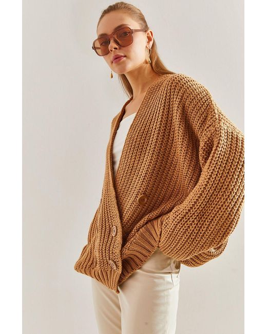 Bianco Lucci Brown Double Breasted Buttoned Knit Sweater