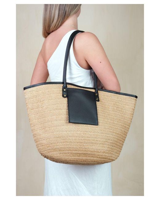 Where's That From Black 'Shell' Ratan Beach Bag With Front Pocket Detail