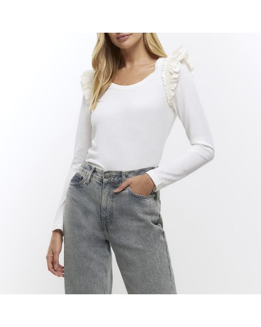 River Island White Top Rib Frill Long Sleeve