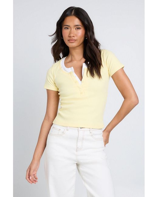 Boohoo White Ribbed Contrast Henley Button Short Sleeve Top