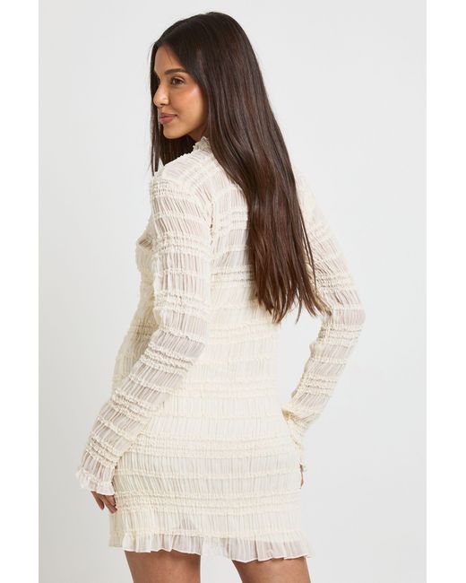 Boohoo Natural Textured Chiffon Long Sleeve Mini Dress